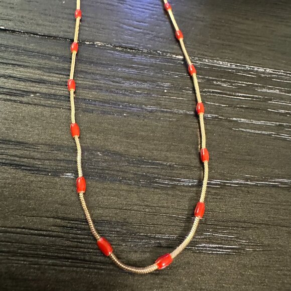 Vintage Gold-Tone Cable Chain Necklace W/ Red Beads & Lobster Clasp Closure 16" - Picture 6 of 10